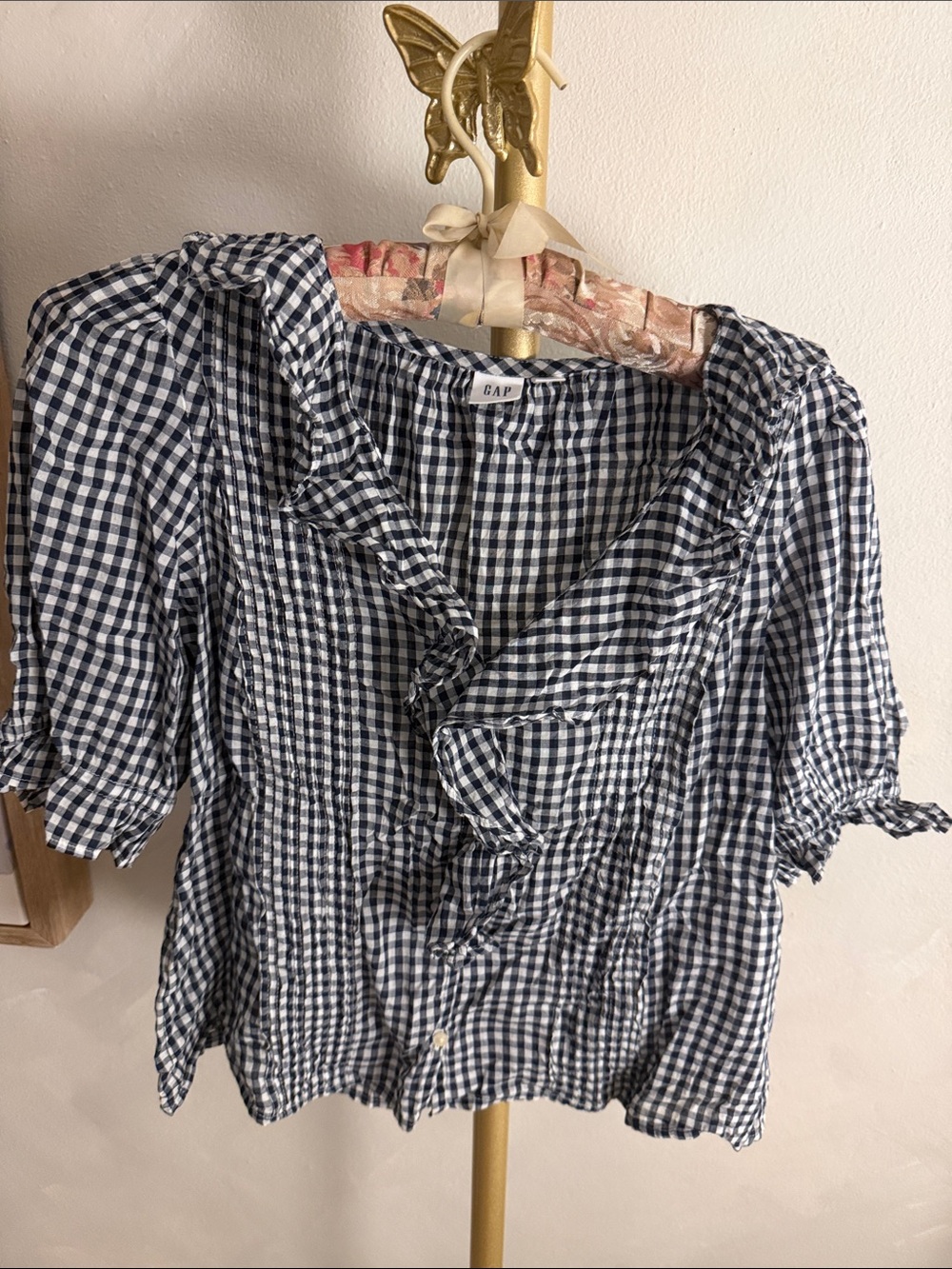 GAP Navy and White Gingham Ruffle Tie Blouse